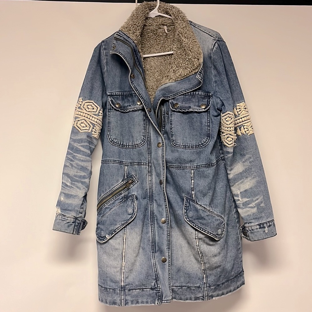 Rare Free People Rendered Denim Sherpa Jacket Coat Size - XS